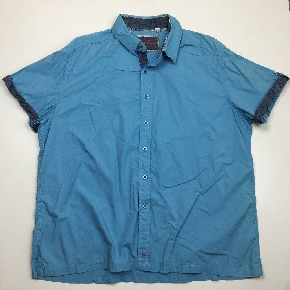 ROBERT GRAHAM Blue Cuffed Short Sleeve Tabs Collared Button Shirt